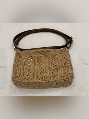 The Sak Bohemian Tan Gold Metallic Woven Shoulder Bag 8x8x2 in